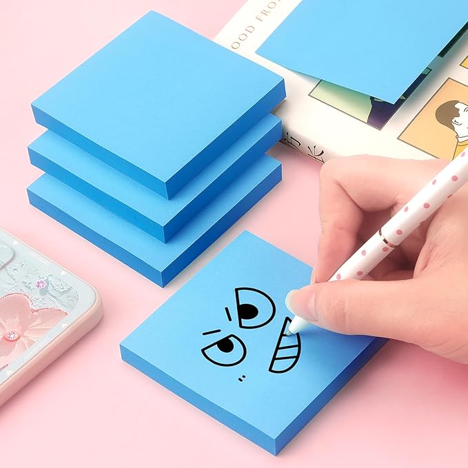 Sticky Notes 3x3 Pop Up Self-Stick Notes Pads with Bright Colors, Easy to Post for Office, School, Home, 4 Pads/Pack, 90 Sheets/Pad (Blue)