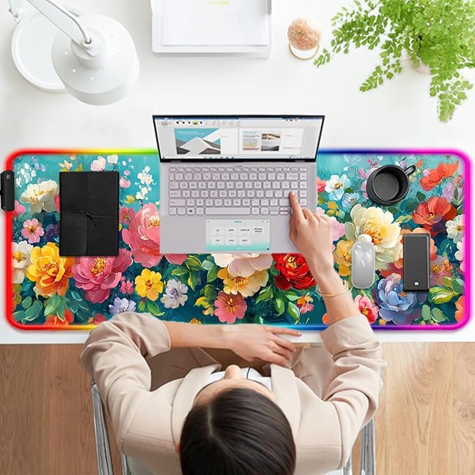 RGB Colorful Flower Peony Gaming Desk Mat, Computer Keyboard Large Extended Long Floral LED Mouse Pad for Office and Home, XL (W28)