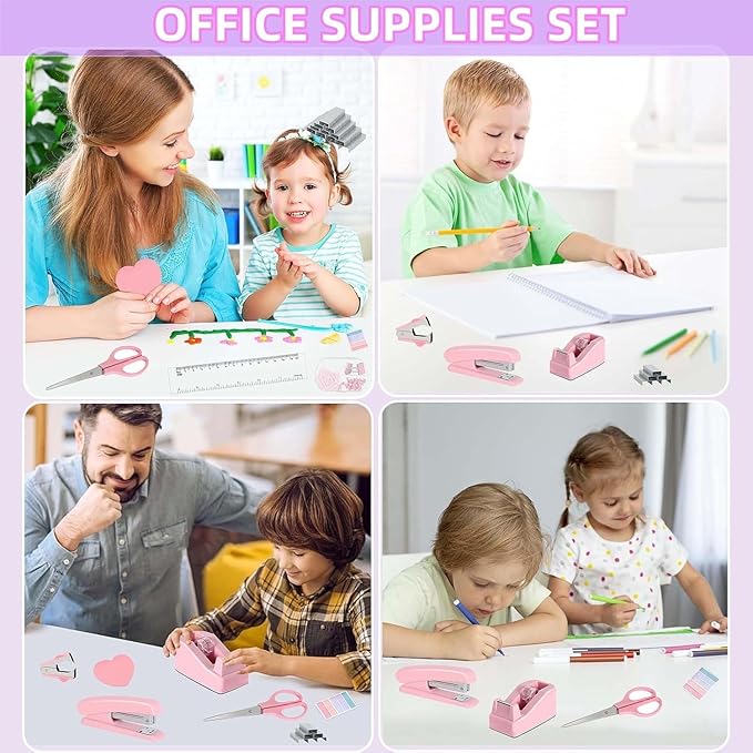 Office Desk Accessories, Pink Office Supplies Set Desk Accessories for Women, Cute Office Supplies with Stapler, Mini Stapler, Staple Remover, Tape, Clips, Scissor and Tabs, Stationary Set for Student