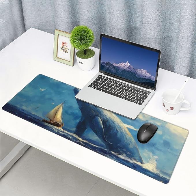 Gaming Mouse Pad, Large Non-Slip Rubber Base Mousepad, Keyboard Mouse Mat, Desk Pad with Stitched Edges, 31.5x11.8inch,Ocean Whale Sailing