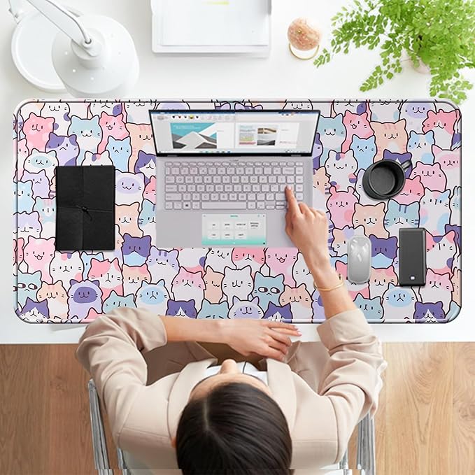 Cute Kawaii Cat Mouse Pad, Gaming Office Home Mousepad, Computer Keyboard and Laptop Desk Mat for Women, Large Extended Non-Slip Rubber Base with Stitched Edges, 31.5x15.7x0.12 in, Pink