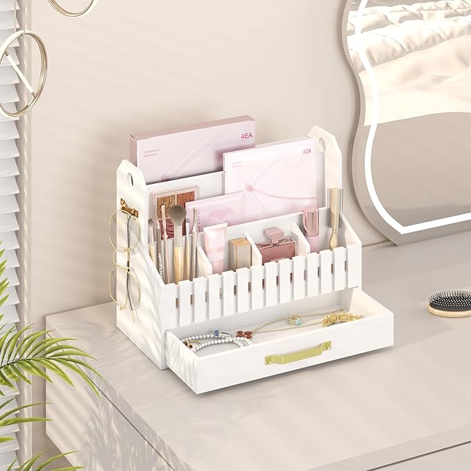 Bamboo Mail Organizer Countertop with Drawers, Wood Desk File Organizer Desktop Paper Organization Storage Bill & Letter Sorter Holder for School Home Office Supplies, No Assembly Required (White)