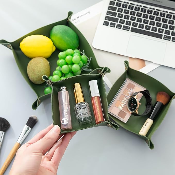 3 packs PU Leather Tray in 3 Sizes Jewelry Tray Glossy Leather Desk Organizer Leather Catchall Tray for Jewelry/Key/Coin/Sun Glasses/Watch/USB Cables etc. (Avocado green)