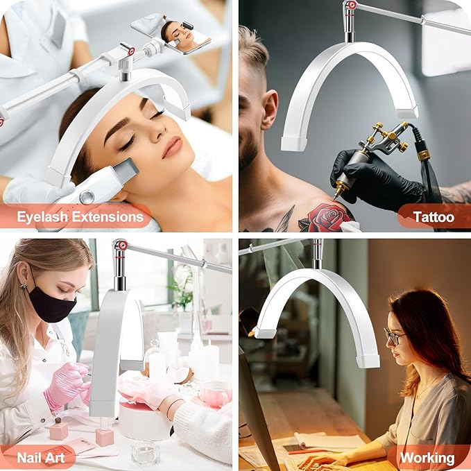Professional LED Desk Lamp, Half Moon Light for Desk with Clip&Phone Holder, Esthetician Light with Adjustable 10-Level Dimming & 3 Color for Work,Office,Makeup,Nail Salon,Tattoo,Craft (White)