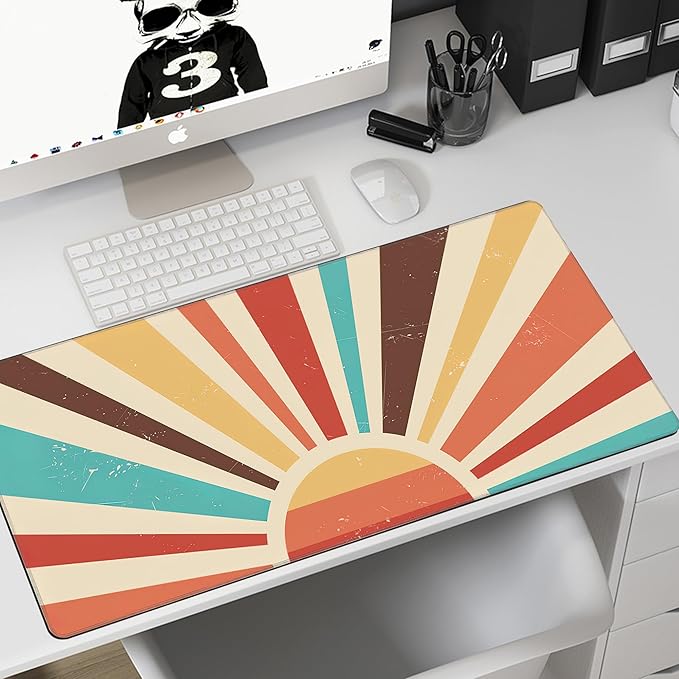 MIOAOSRT Desk Mat,Colourful Vintage Sunburst Gaming Mouse Pad,XXL Extended Mouse Pad Mat for Office,Computer,Keyboard with Non-Slip Base Stitched Eges Mousepad 35.4x15.75 inch