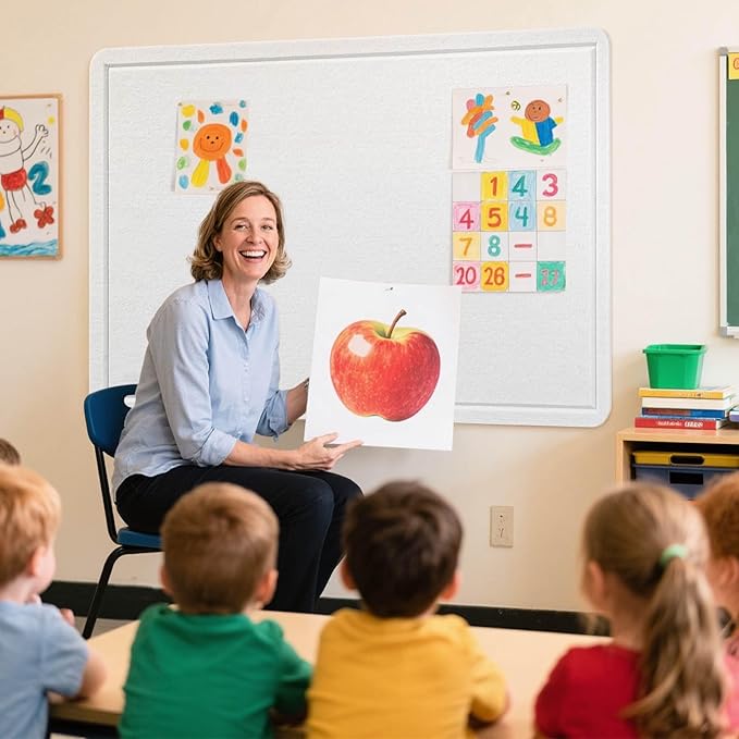 Large Bulletin Board - 48 x 36 Inches, Decorative Felt Pin Board for Wall - 4' x 3' Foldable Photo Display Board with Self-Adhesive Tape, Includes 20 Push Pins - White