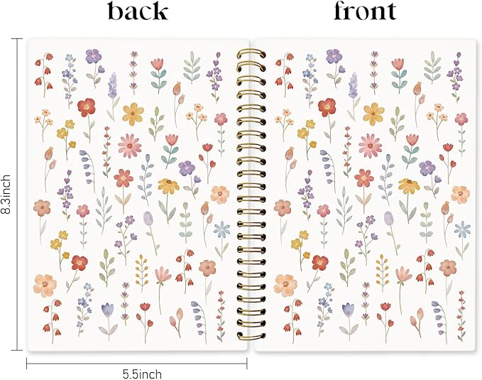 Boho Wildflower Floral Spiral Notebook Journal, Cottagecore Flower Botanical Notebooks for Note Taking, Pretty Journals for Women, Hardcover Notebook 5.5x8.3