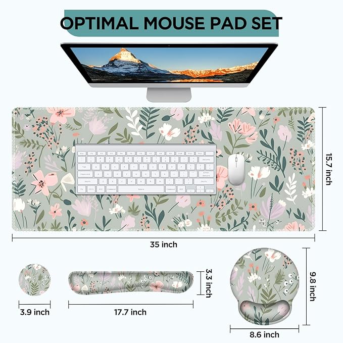 AIMSA Keyboard Mouse Pad Set, Extended Mouse Pad, Keyboard Wrist Rest Support, Memory Foam Ergonomic Desk Pad Set for Home Office Study Game, Pink White Flowers Plants