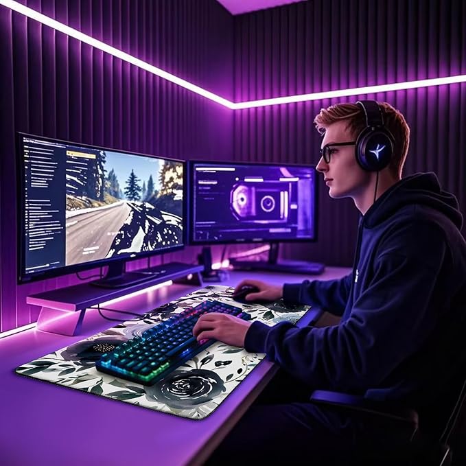 Large Gaming Mouse Pad 31.5x15.7 Inch, XXL Mousepad with Non-Slip Rubber Base & Stitched Edges, Extended Desk Mat for Computer/Laptop/Office/Home Navy Blue and White Watercolor Floral