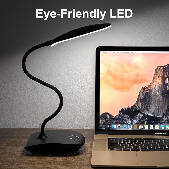 DEEPLITE Battery Operated Desk Lamp, LED Desk Light 3 Lighting Modes Stepless Dimming, Table Lamp 5W Touch Control Eye Caring, Flexible Gooseneck, Portable Reading Light for Dorm Study Office Bedroom