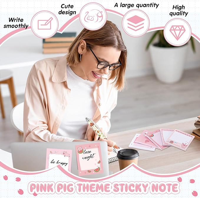 Sabary 9 Pads Cute Sticky Notes Animal Sticky Note Pads 3.15 x 3.94 Inches Colored Adhesive Memo Reminder Decor for Journal School Office Gifts (Pink Pig)