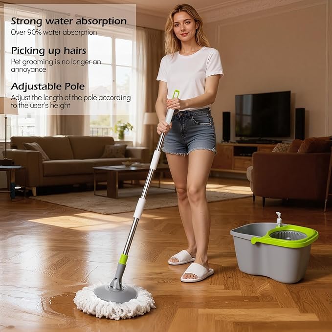 MASTERTOP Small Mop and Bucket with Wringer Set, Spin Mop Cleaning System with 3 Mop Pads,Spinning Mop Bucket for Floor Cleaning, 50.4" Extended Handle