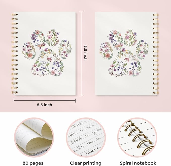 Floral Dog Paw Journal Notebooks, Dog Pet Lovers Gifts College Ruled Notebooks for Note Taking, Dog Mom Gift Journal Journaling, Spiral Notebook 5.5x8.3