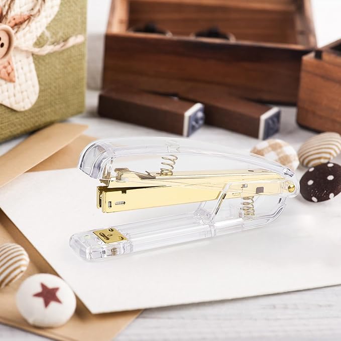 Staplers for Desk, Acrylic Stapler for Office School, Clear Durable Office Stapler (Gold)