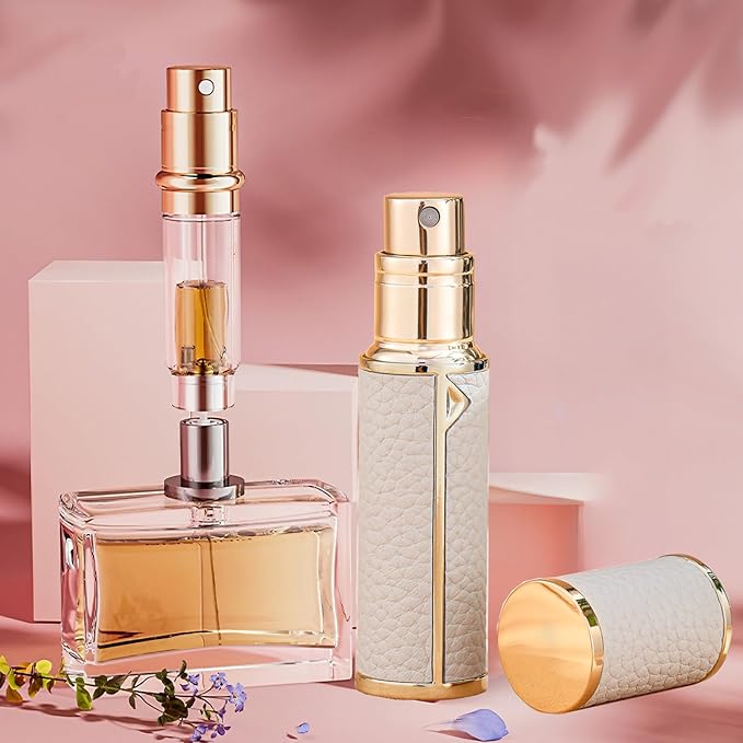 Perfume Travel Refillable Atomizer mini spray travel perfume bottle,Mini Cologne Dispenser refill bottle,5ml Comes in gift box Genuine Leather Bottom-Filling Fragrances Perfume Atomizer(White)