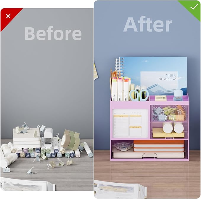 Marbrasse Desk Organizer with 3 Drawer, Multi-Functional Pencil Pen Holder, Desk Organizers and Accessories with 4 Compartments,Desktop Organizer Storage for Office Home Art Supplies (Purple)