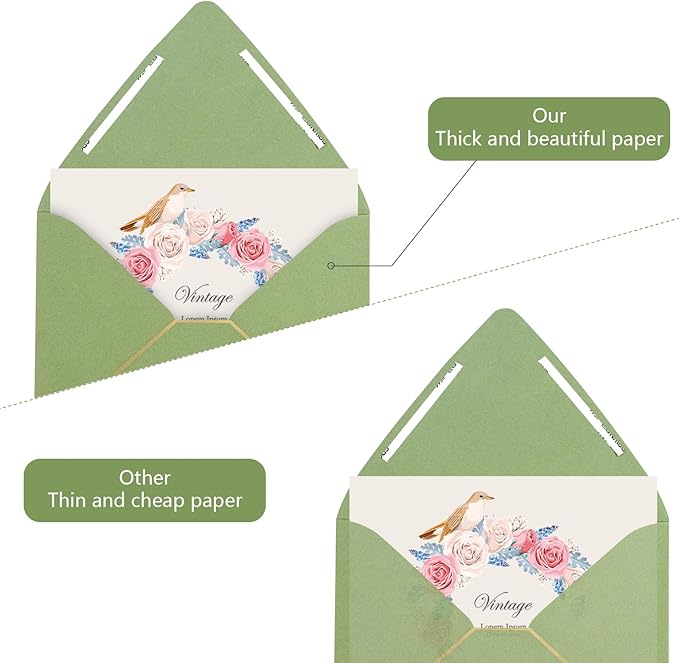 A7 sage green Envelopes 5 x 7 With Gold Border,- 25 Pack,For 5x7 Cards| Quick Self Seal| for Weddings, Invitations, Photos, Graduation, Baby Shower| Thick Luxury paper|5.25 x 7.25 Inches
