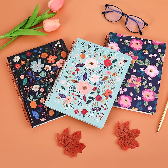 3 Pack Hardcover Spiral Notebook Spiral Journals for Women 160 Pages, 6.3 x 8.3 Inches,100gsm Paper,Cute College Ruled Notebook, Back Pocket, Office Supplies (FG-flower)
