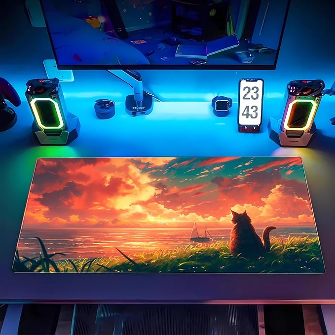 Cute Cat Anime Sunset Ocean Large Gaming Mouse Pad - 31.5x15.7 Inch XL Extended Desk Mat for Keyboard & Mouse, Kawaii PC Desktop Decor