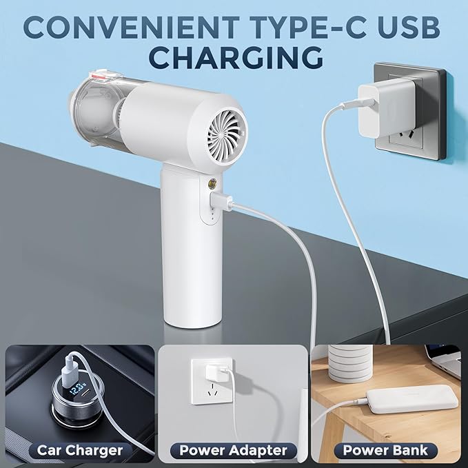 TURNRISE Car Vacuum Cordless: 12000Pa 2 in 1 Handheld Vacuum & Blower - Hand Vacuum Portable Cordless with Led Light, Multi-Nozzles for Car, Home, Office, Pet, Hair White