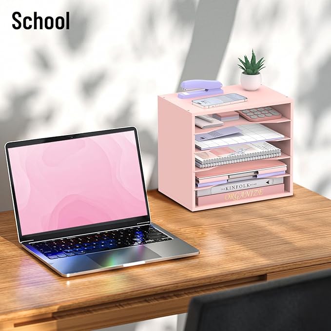5-Tier Wood Desk Organizer, Paper Tray Organizer for Desk with Adjustable Storage Shelves, Desktop Paper Sorter Mail Holder for Office Home Classroom, Pink