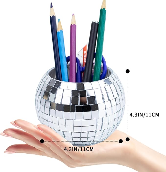 FlidRunest Disco Ball Pencil Pen Holder for Desk, Sequin Plastic Makeup Brush Holder Organizer, Disco Ball Desk Accessories Decor, Multifunctional Pencil Cup for Home Office Decoration
