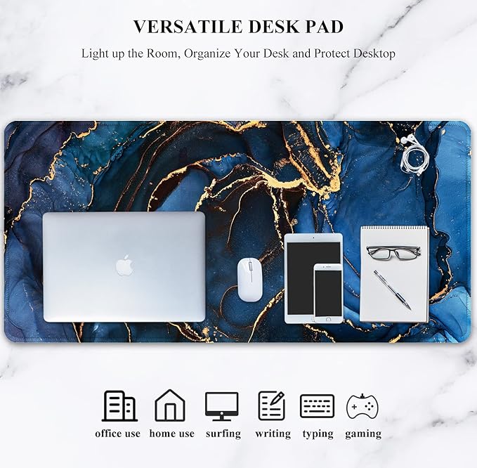 Auhoahsil Large Mouse Pad, XXL Desk Pad, Extened 35" x 15", Non-Slip Rubber Base, Stitched Edges, Superior Surface, Waterproof Keyboard Mat, Large Mousepad for Gamer, Office & Home, Dark Blue Marble