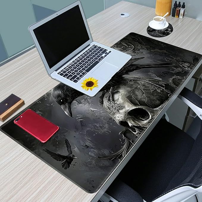 Desk Mat Large Gaming Mouse Pad (31.5x11.8 inch) with Stitched Edges, XL Mouse Pad +Coaster, Extended Mouse Mat Keybroad Mousepad Non-Slip Rubber for Gamer Men Women, Dark Raven Skull