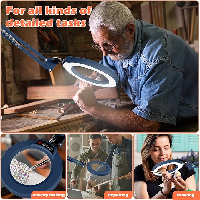 10X Magnifying Glass with Light and Stand, Real Glass Lens Desk Lamp, Lighted Magnifier with Light Stepless Dimming Hands Free for Craft, Reading, Painting, Sewing, Solder - Blue