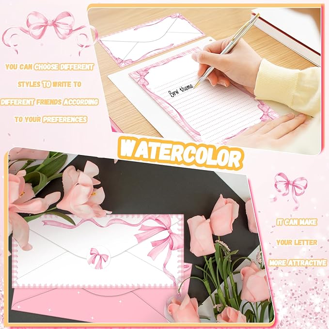 TaoBary 160 Pcs Stationery Paper Set 50 Double Sided Stationery Papers with 50 Matching Envelopes and 60 Round Dot Sticker, 10 Design(Pink Bow,8.5 x 11 Inch)