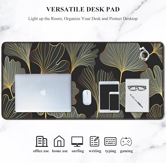 Auhoahsil Desk Pad, XL Extended Large Gaming Mouse Pad 31.5 x 11.8 Inch, Waterproof Mousepad with Stitched Edge, Non-Slip Computer Keyboard Laptop Mat for Women Men Office Work, Colorful Ginkgo Leaves