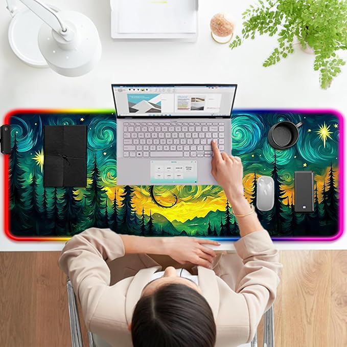 RGB Fantasy Starry Night Forest and Dragon Gaming Desk Mat, Computer Keyboard Large Extended Long LED Mouse Pad for Office and Home, XL (W05)