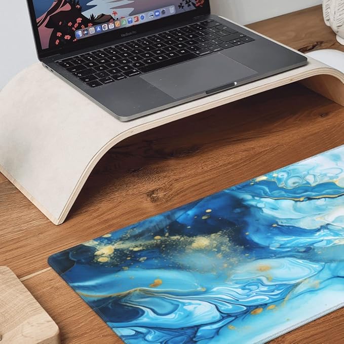 Desk Pad,Office Desk Mat 31.5"×11.8" Large Gaming Mouse Pad,Durable Extended Computer Mouse Pad,Waterproof Thick Big Mouse Pads with Non-Slip Rubber Base Office Home Blue Gold Marble