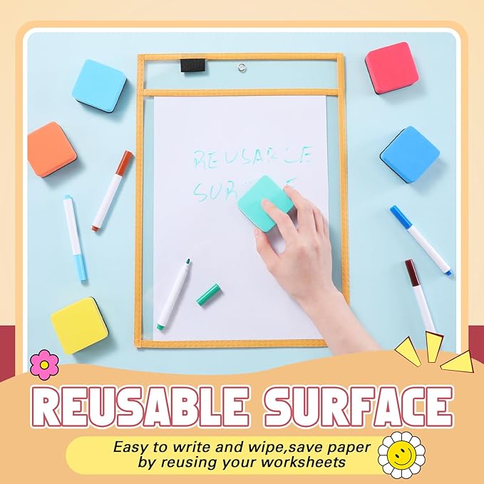 24 Pack Dry Erase Pocket Reusable Sleeves 10" x 14" Clear Plastic Sheet Protectors with Dry Erase Markers and Mini Sleeves Paper Teacher Supplies (Light Boho)