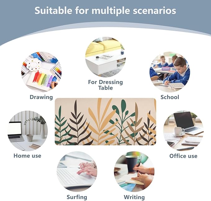 Mouse Pad Desk Mat Leather Desk Pad Large Gaming Desk Cover Protector Mat for Keyboard Computer Laptop Office Waterproof 47.2 x 23.6 Inch Boho Leaves Beige