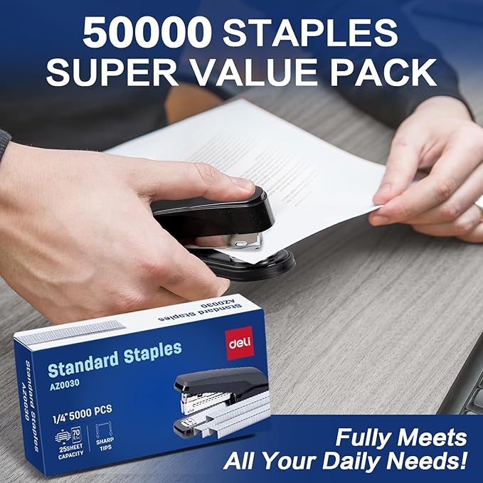 Deli Staples, 50000 Staples, Standard Staples for Desktop Staplers, 1/4'' Length, 210/Strip, 10 Boxes of 5000 Each