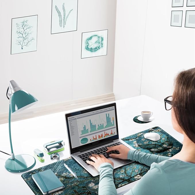 ARTSO Desk Mat, Large Gaming Mouse Pad Wrist Support Set, Ergonomic Keyboard Wrist Rest Desk Pad with Coaster Combo, Extended Mousepad with Non-Slip for Home Office, Blue Van Gogh Painting