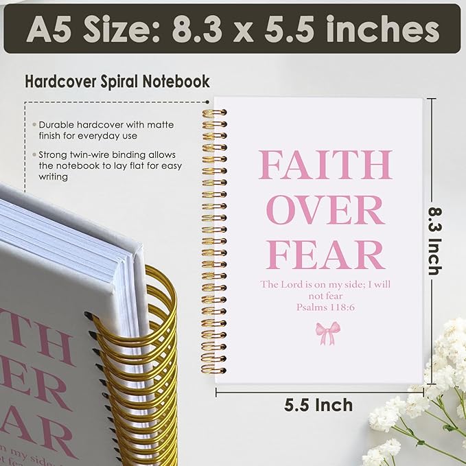 Coquette Pink Bow Notebook Journals, Prayer Journal for Woman, Christian Gifts Cute Notebooks for Women,Bible Notebooks for Note Taking, Faith Over Fear Hardcover Spiral Notebook 5.5x8.3