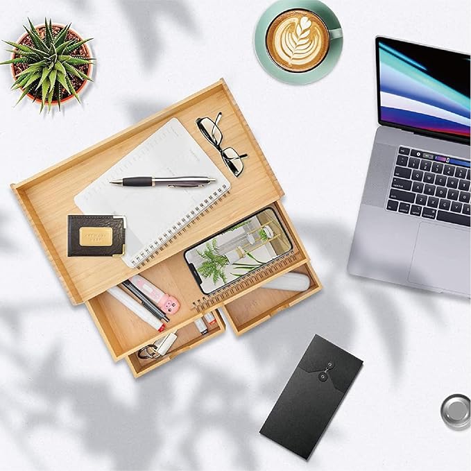 3 Drawer Bamboo Desk Organizer with Shelf – Makeup Storage & Tabletop Organizer for Home Office, Workspace, or Bathroom – No Assembly Required