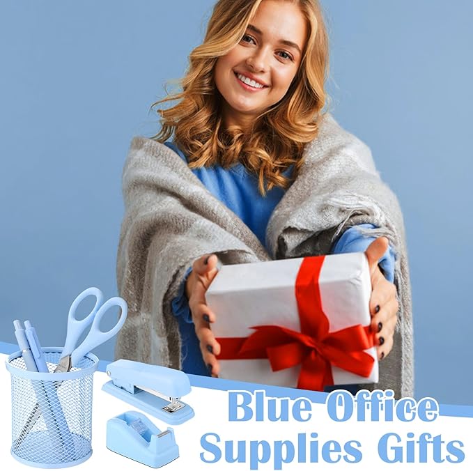 13-in-1 Desk Accessories - Blue Office Supplies with Blue Stapler, Tape Dispenser, 1000 Staples, Scissors, Pen, Pen Holder, Tabs, Ruler, Clips