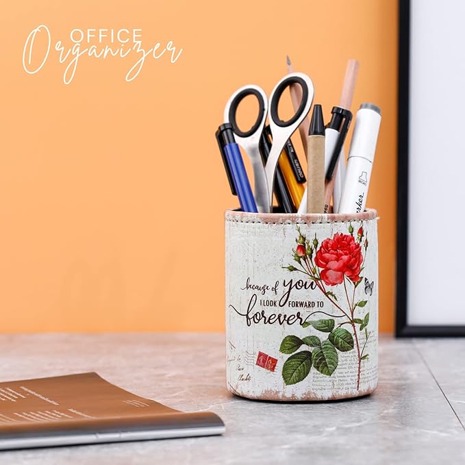 Pencil Cup, PU Leather Desk Pen Organizer for Cosmetics Office Supplies, Valentines Gifts for Mom Wife Grandma, Red Rose and Butterfly PH84