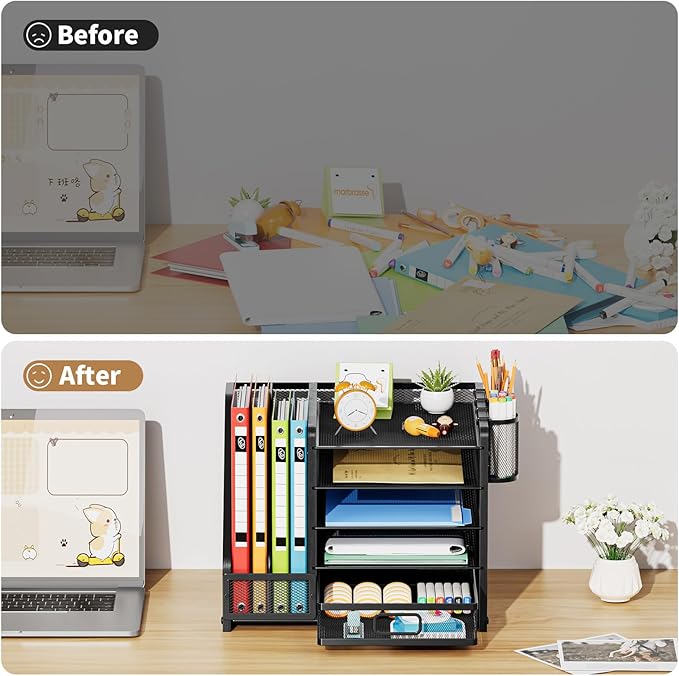 Marbrasse Desk Organizer with File Holder, 5-Tier Paper Letter Tray Organizer with Drawer and 2 Pen Holder, Mesh Desktop Organizer and Storage with Magazine Holder for Office Supplies (Wood-Black)