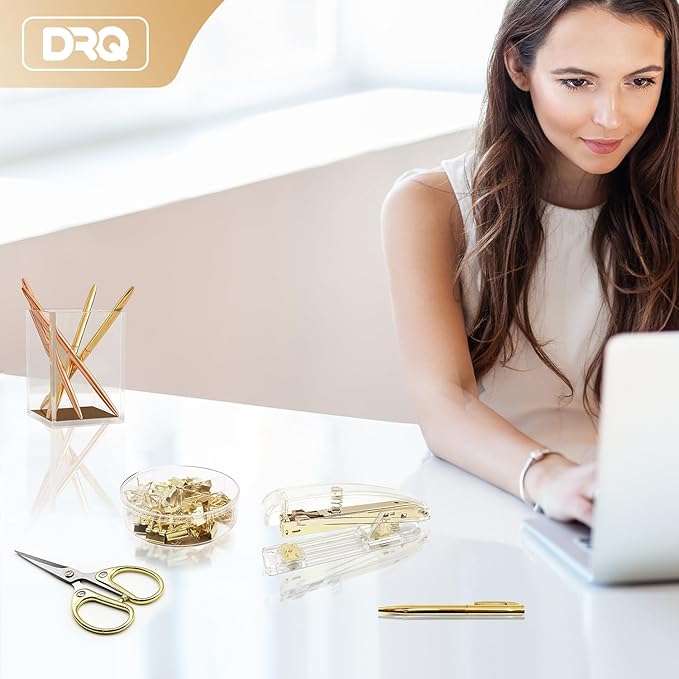 DRQ Gold Desk Accessories, Office Supplies Acrylic Stapler Set, 10Pcs Set for Office with Stapler, Tape Dispenser, Pens, Pen Holder, Phone Holder, Tape, Ruler, 1 Box Staple, Scissors and 1 Box of Clip