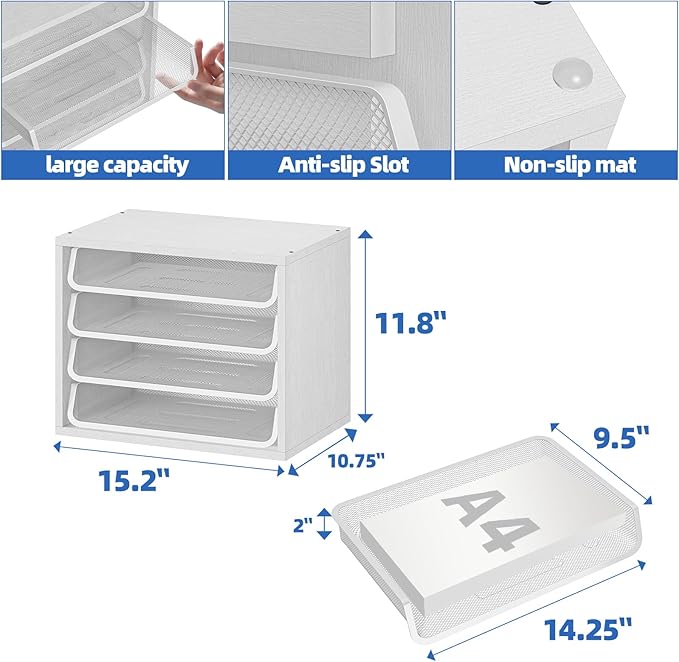 Simple Trending Desk File Organizers, 4-Tier Letter Tray Paper Organizer with File Holder, Wooden Paper Sorter for Office Supplies, White
