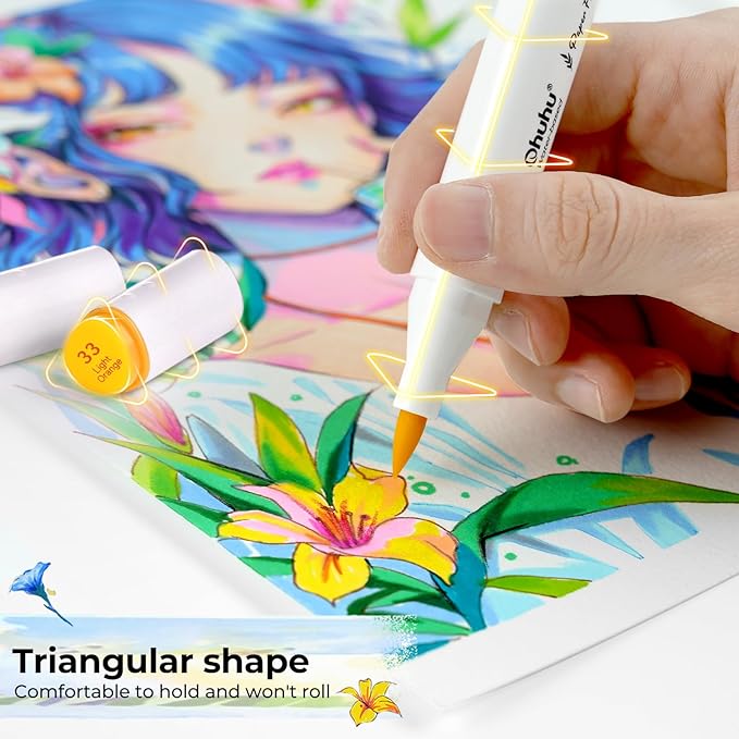 Ohuhu Markers Paper-friendly No Peeling Water-based 60 Colors Dual Brush Fine Tips Coloring Markers for Adult Coloring Books No Bleeding Drawing Pens for Kids Adults Beginner Calligraphy
