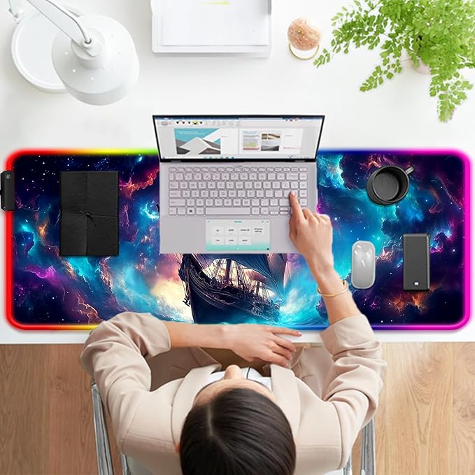 RGB Fantasy Pirate Ship Gaming Desk Mat, Computer Keyboard Large Extended Long LED Mouse Pad for Office and Home, XL (W01)