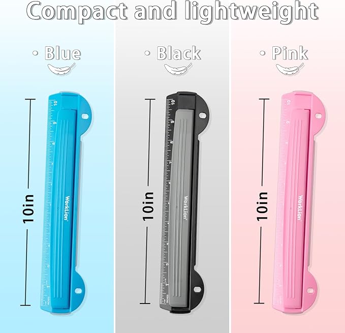 WORKLION 3 Ring Hole Puncher for Binders,Pink,with 10" Ruler, Plus Paper-chip Tray Design,Paper line up Guide,5 Sheets Capacity…
