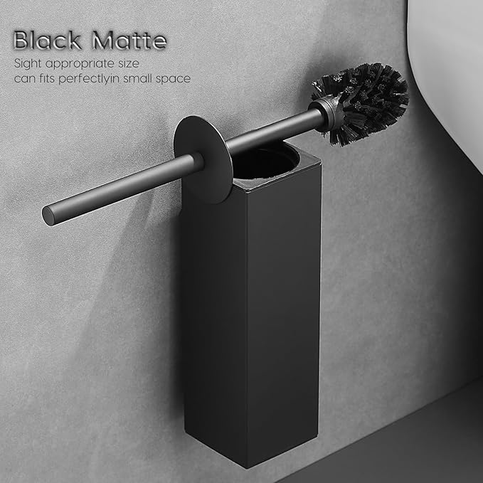 Brushed Gold Stainless Steel Toilet Brush, Square No-Punch Hook Base Toilet Brush Holder Removable Inner Bucket and Splash Proof Cover - Soft Bristles (Non-Drill Square Plastic caps Black)