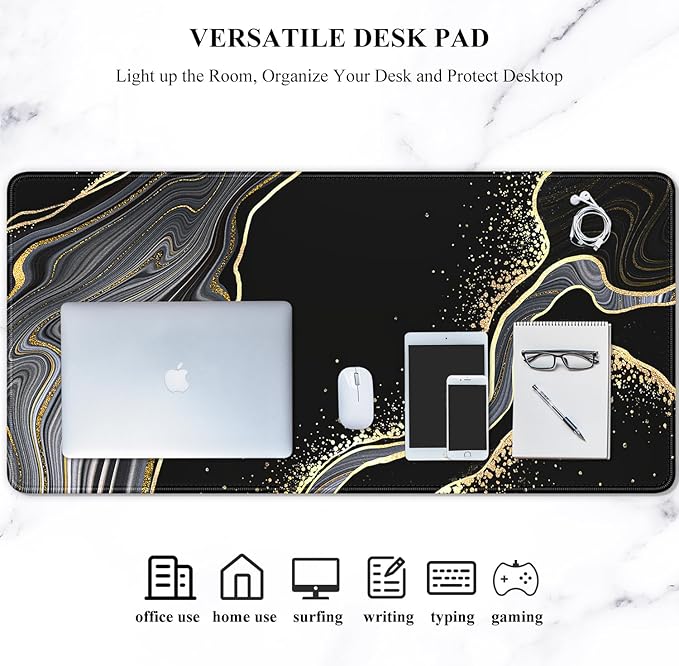 Auhoahsil Extended Mouse Pad, XXL Desk Pad Gaming Mousepad, Large Big Laptop Computer Keyboard Desk Mat with Non-Slip Base Stitched Edge for Gaming Office Men Women, 35.5 x 15.7 in, Black Marble