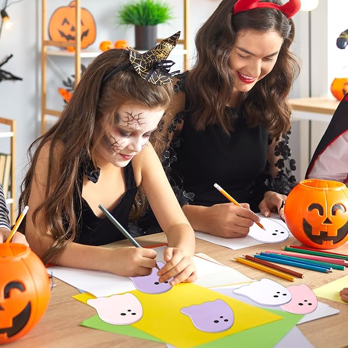 1200Pcs Halloween Sticky Notes 3 x 3.4 Inch Pink Purple White Ghost Shaped Self Adhesive Notepads Removable Memo Pads for School Home Office Classroom Supplies